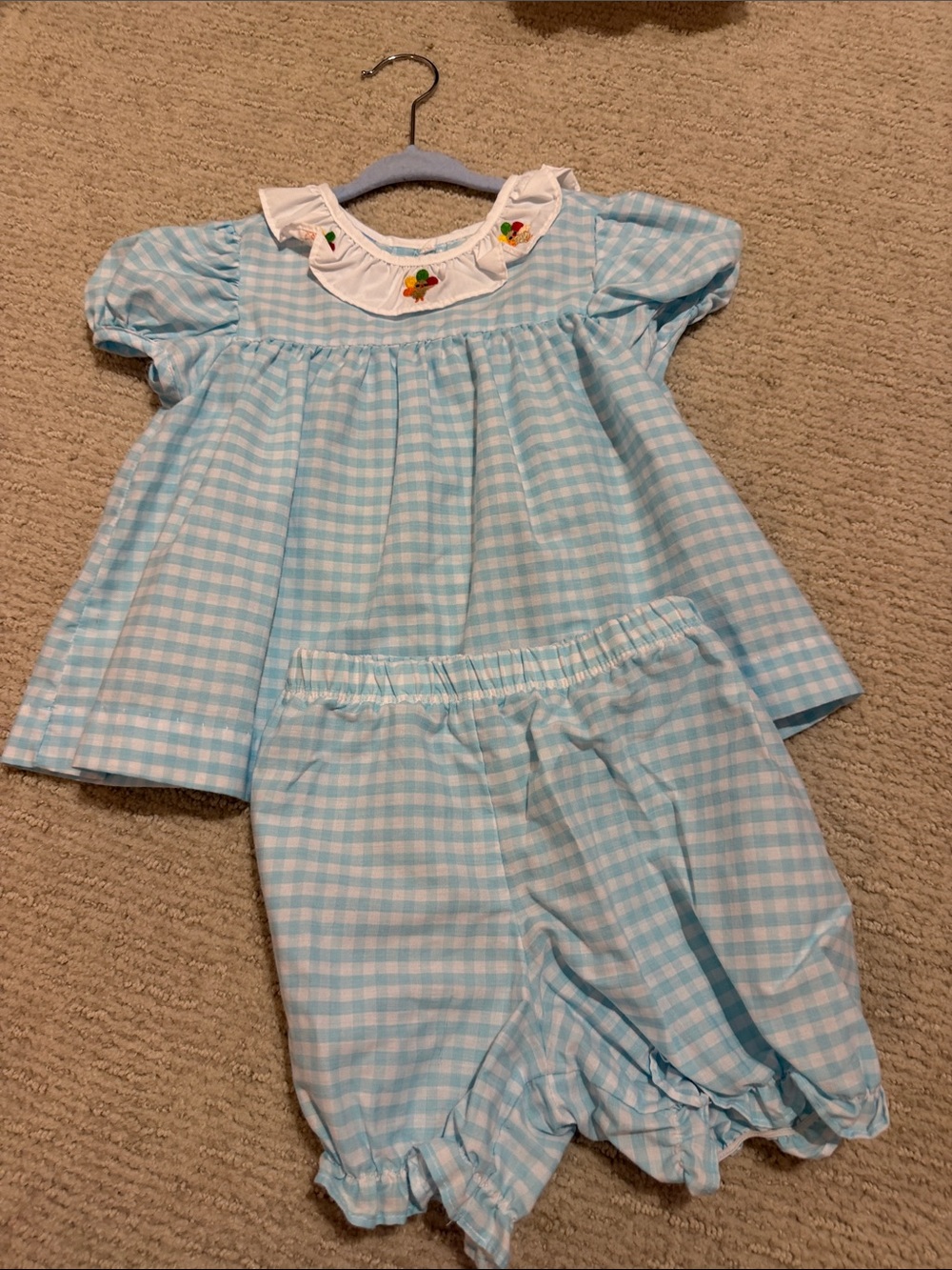 Light Blue Gingham Girls' Pajama Set with Embroidered Collar